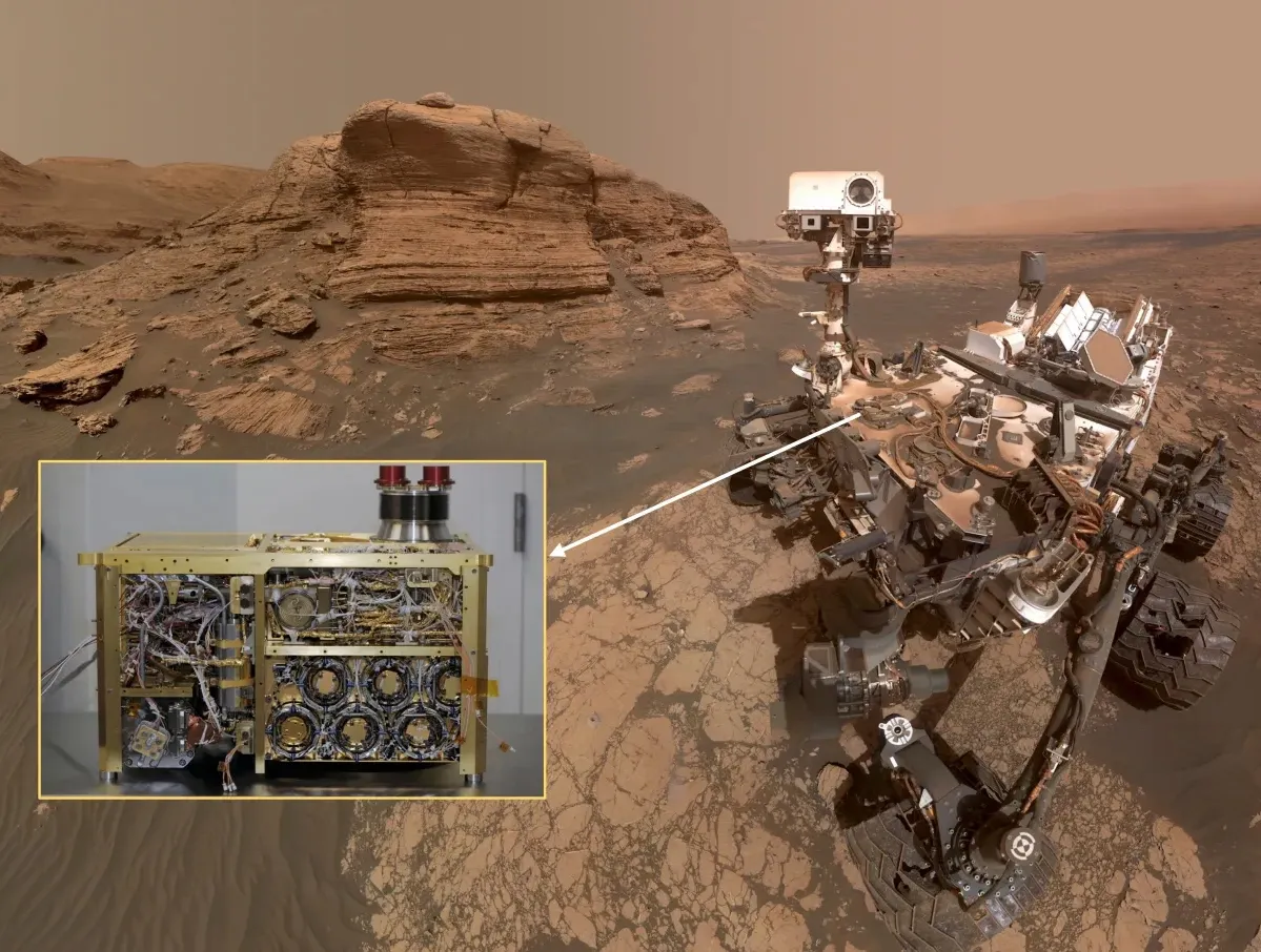 Curiosity rover on mars takes a selfie with a graphic pointing out the Sample Analysis Module (SAM)